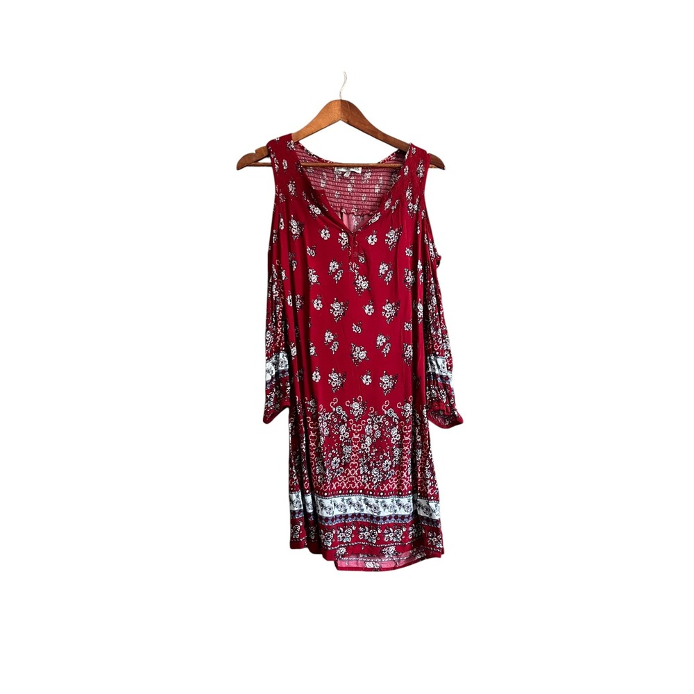 Almost Famous Cold Shoulder Dress Womens Medium Red Floral Boho Smocked Mini